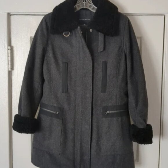 Vtg Banana Republic Wool Coat‎ Italian Shearling Collar Insulated Sm Gray Black - Picture 1 of 8